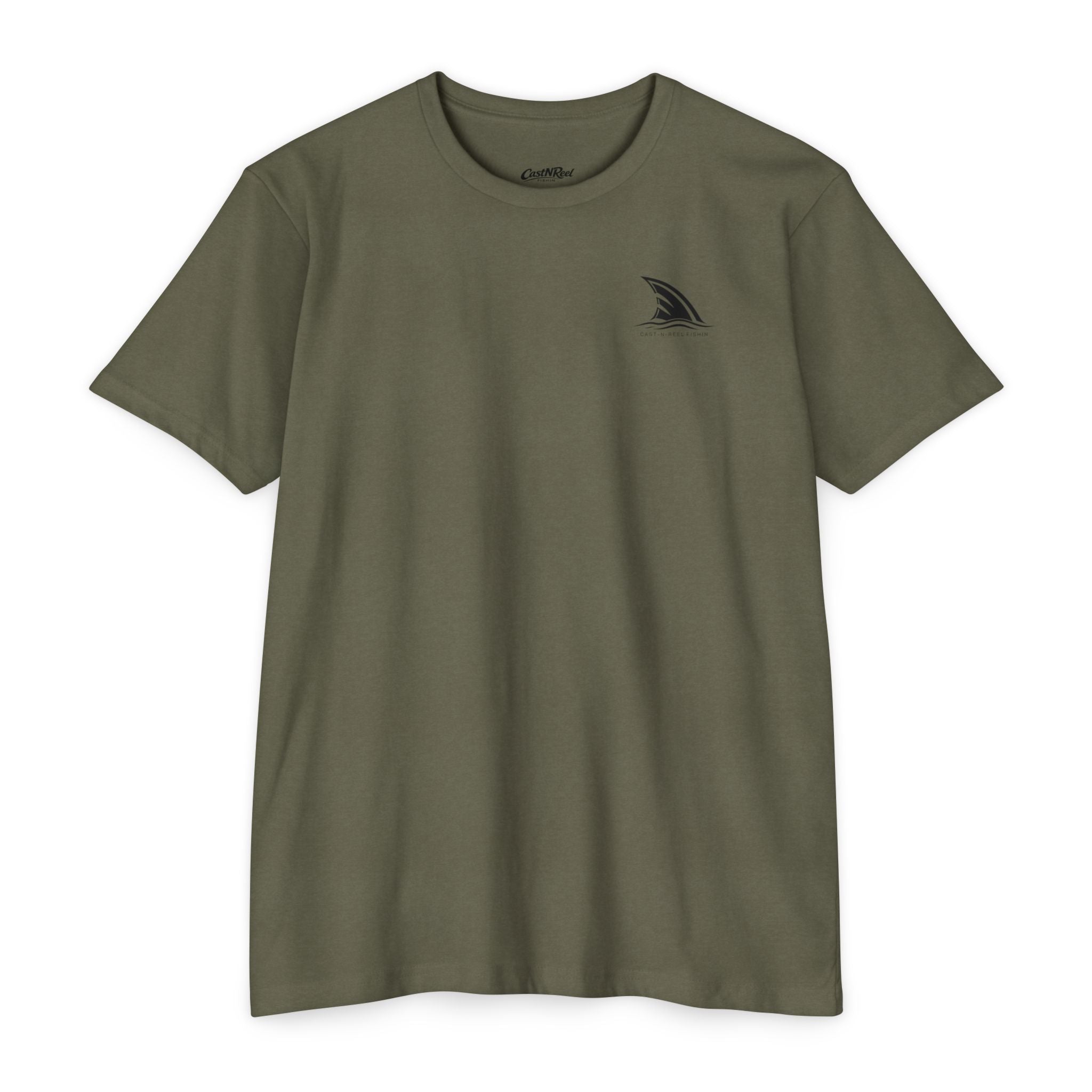 Military Green CastNReel Shark Logo Shirt front with minimalist shark fin chest logo