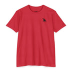 Red CastNReel Shark Logo Shirt front with minimalist shark fin chest logo