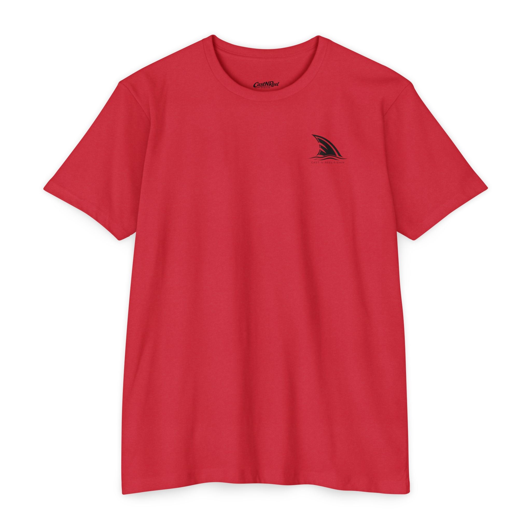 Red CastNReel Shark Logo Shirt front with minimalist shark fin chest logo