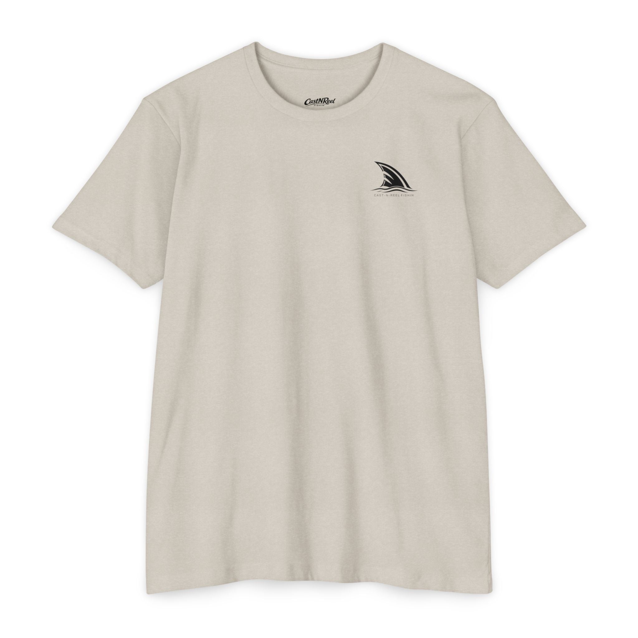 Sand CastNReel Shark Logo Shirt front with minimalist shark fin chest logo