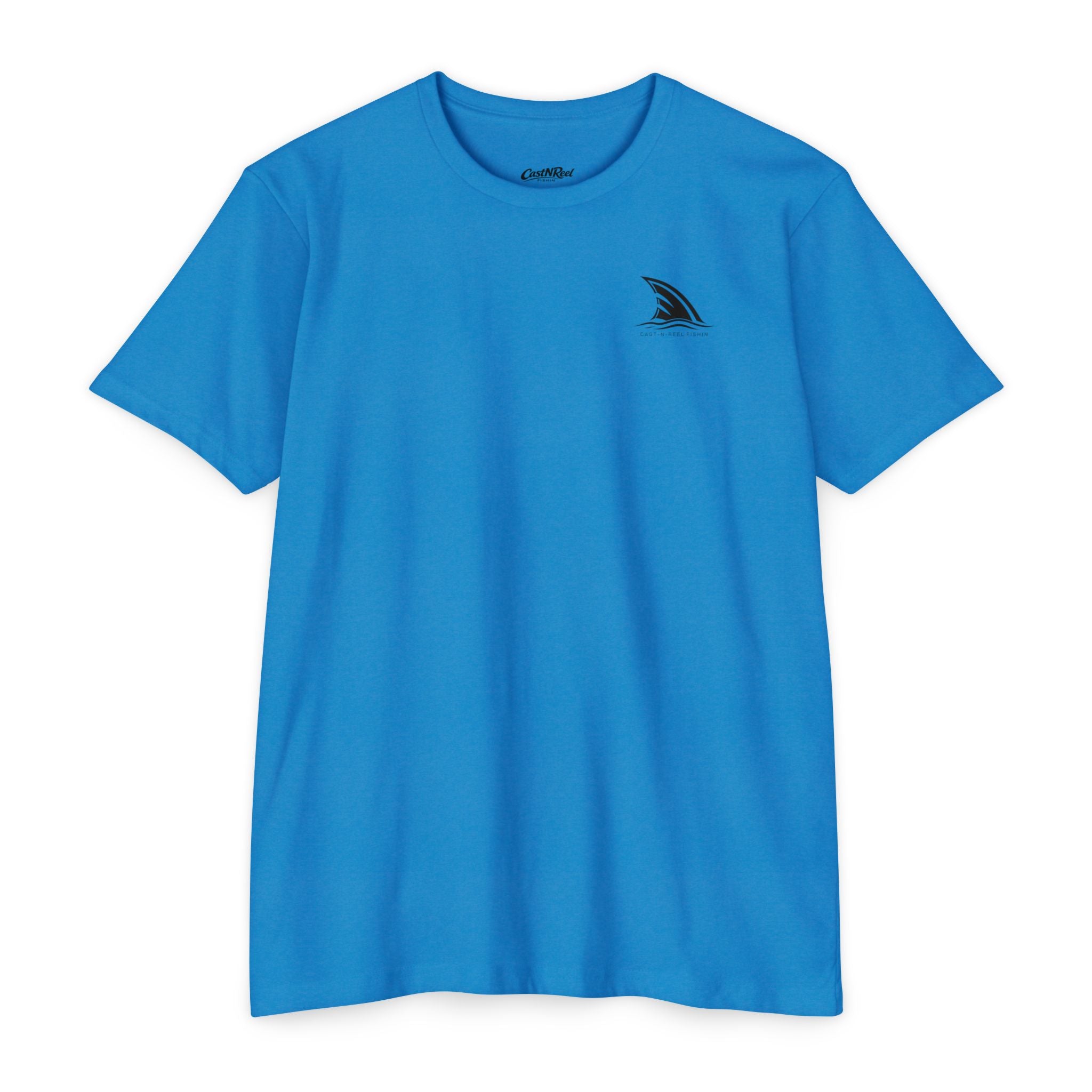 Turquoise CastNReel Shark Logo Shirt front with minimalist shark fin chest logo
