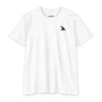 White CastNReel Shark Logo Shirt front with minimalist shark fin chest logo