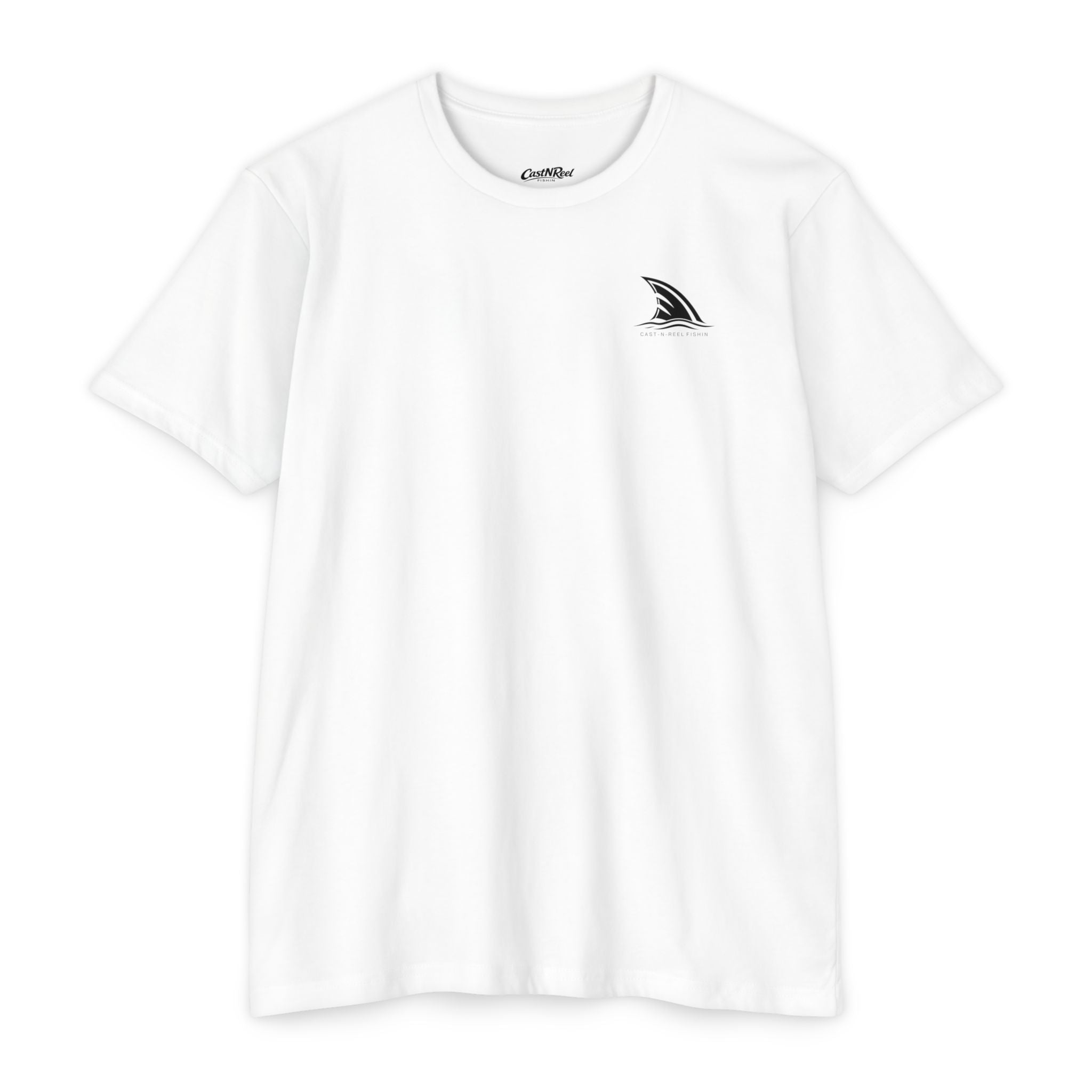 White CastNReel Shark Logo Shirt front with minimalist shark fin chest logo