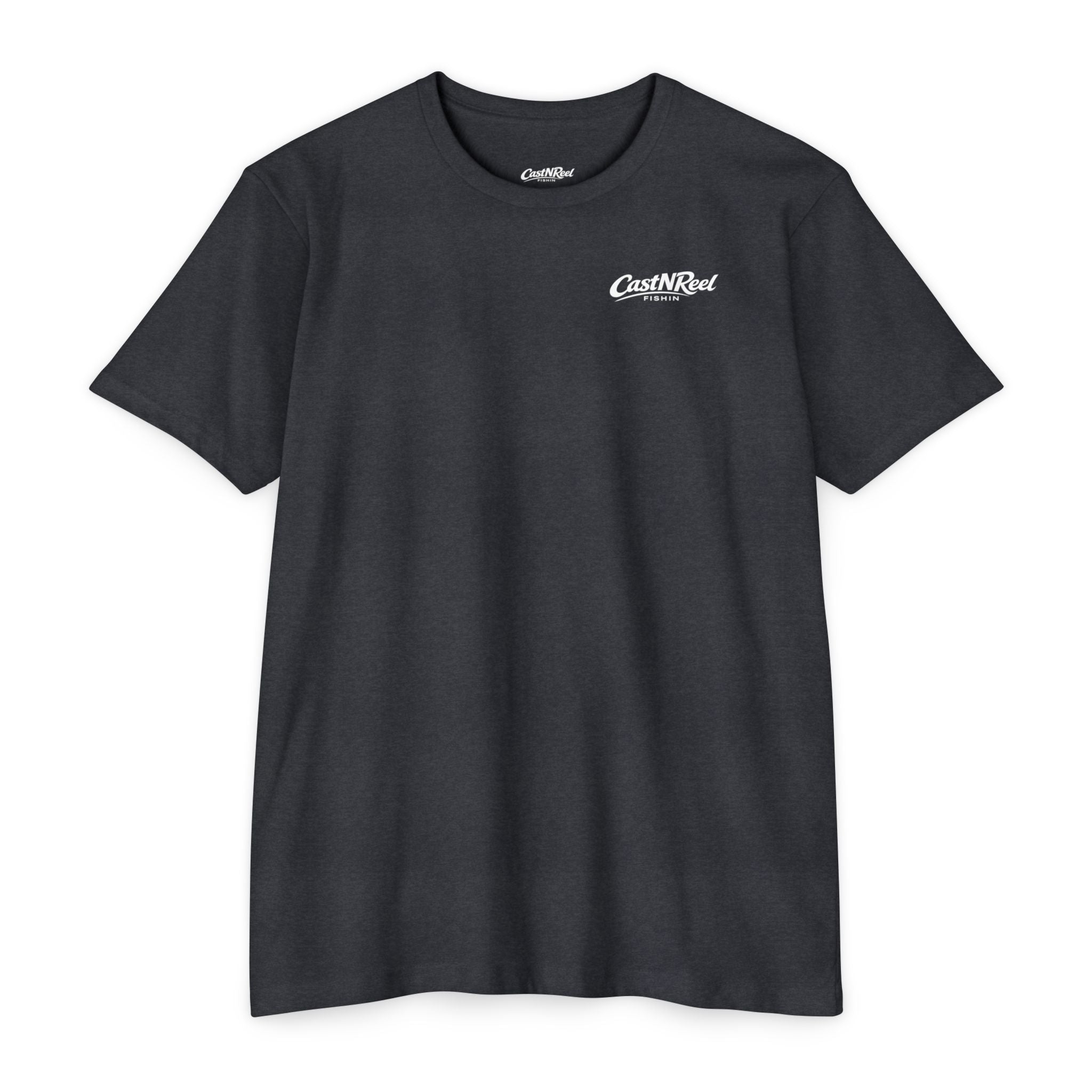 Front of charcoal CastNReel Fishin shirt with minimalist chest logo