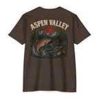 Espresso Aspen Valley Colorado fishing shirt featuring mountain trout, alpine river, fly fisherman, and Rocky Mountain scenery