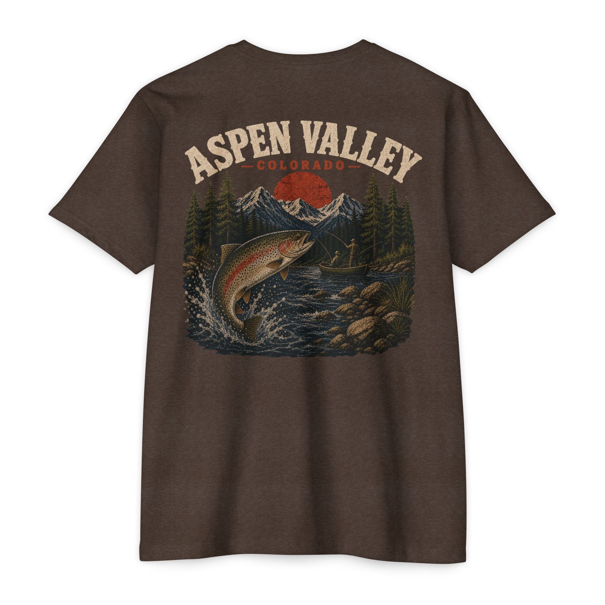 Espresso Aspen Valley Colorado fishing shirt featuring mountain trout, alpine river, fly fisherman, and Rocky Mountain scenery
