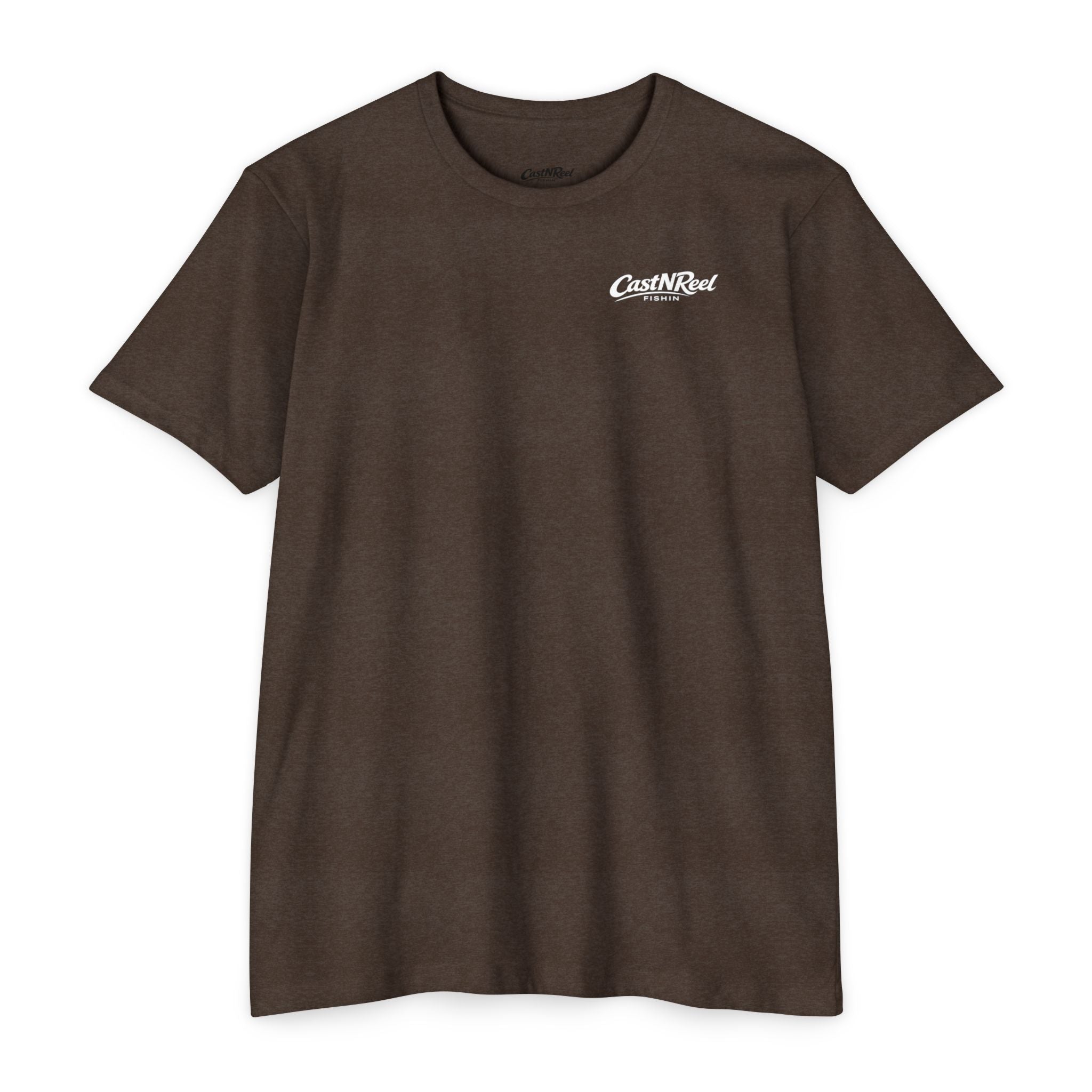 Front of espresso CastNReel Fishin shirt with minimalist chest logo