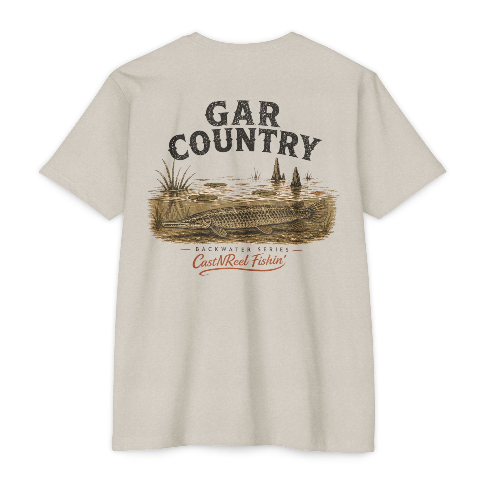 Sand Gar Country shirt featuring an alligator gar and backwater fishing design