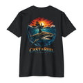 Black Great White Shark Fishing Shirt back featuring a great white shark beneath an offshore fishing boat at sunset