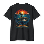 Black Great White Shark Fishing Shirt back featuring a great white shark beneath an offshore fishing boat at sunset