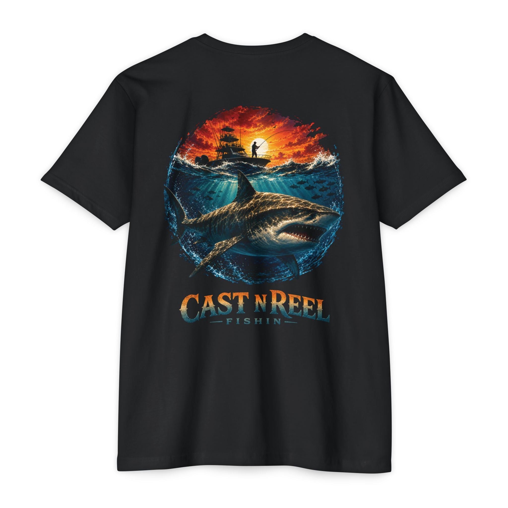 Black Great White Shark Fishing Shirt back featuring a great white shark beneath an offshore fishing boat at sunset