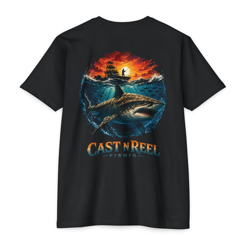 Black Great White Shark Fishing Shirt back featuring a great white shark beneath an offshore fishing boat at sunset