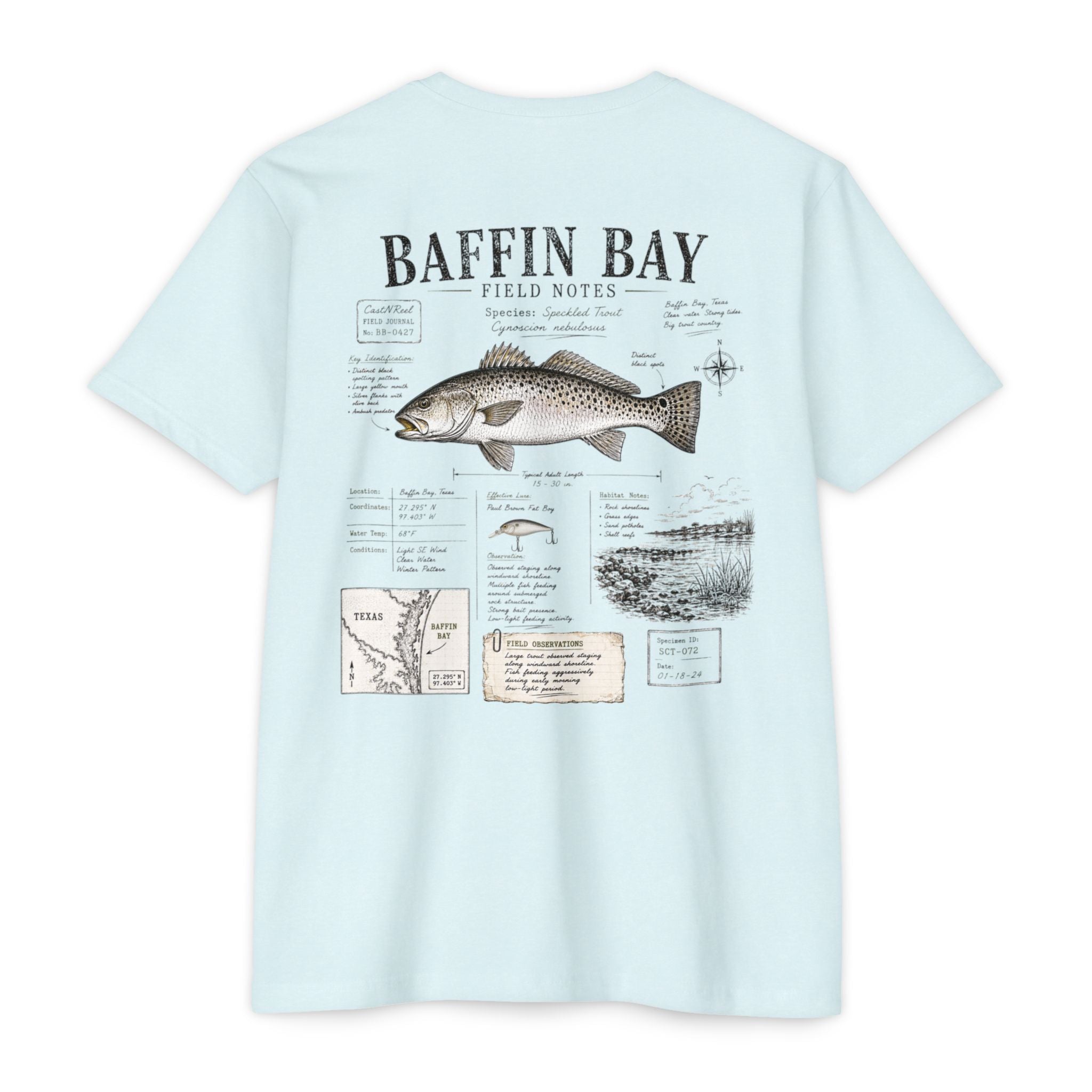 Ice blue Baffin Bay Field Notes fishing shirt featuring Speckled Trout illustration, habitat observations, species notes, and South Texas fishing journal artwork