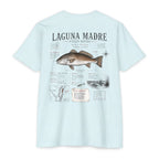 Ice blue Laguna Madre Field Notes fishing shirt featuring Red Drum illustration, species observations, habitat notes, and South Texas fishing journal artwork