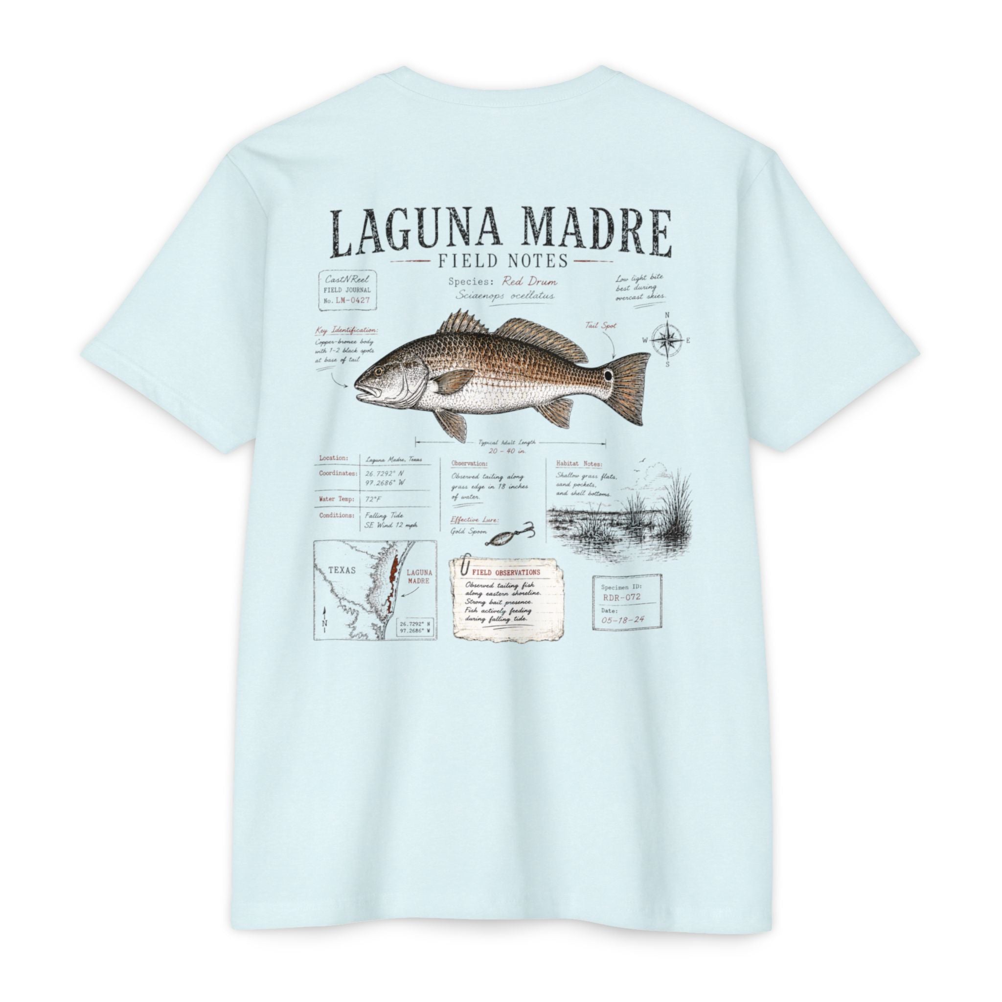 Ice blue Laguna Madre Field Notes fishing shirt featuring Red Drum illustration, species observations, habitat notes, and South Texas fishing journal artwork