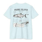 Ice blue Padre Island Field Notes fishing shirt featuring a detailed Tarpon illustration, species notes, habitat observations, and Texas coastal fishing journal artwork