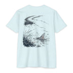 Ice blue South Texas Tailing Redfish fishing shirt featuring a red drum tail breaking the surface in a Laguna Madre marsh