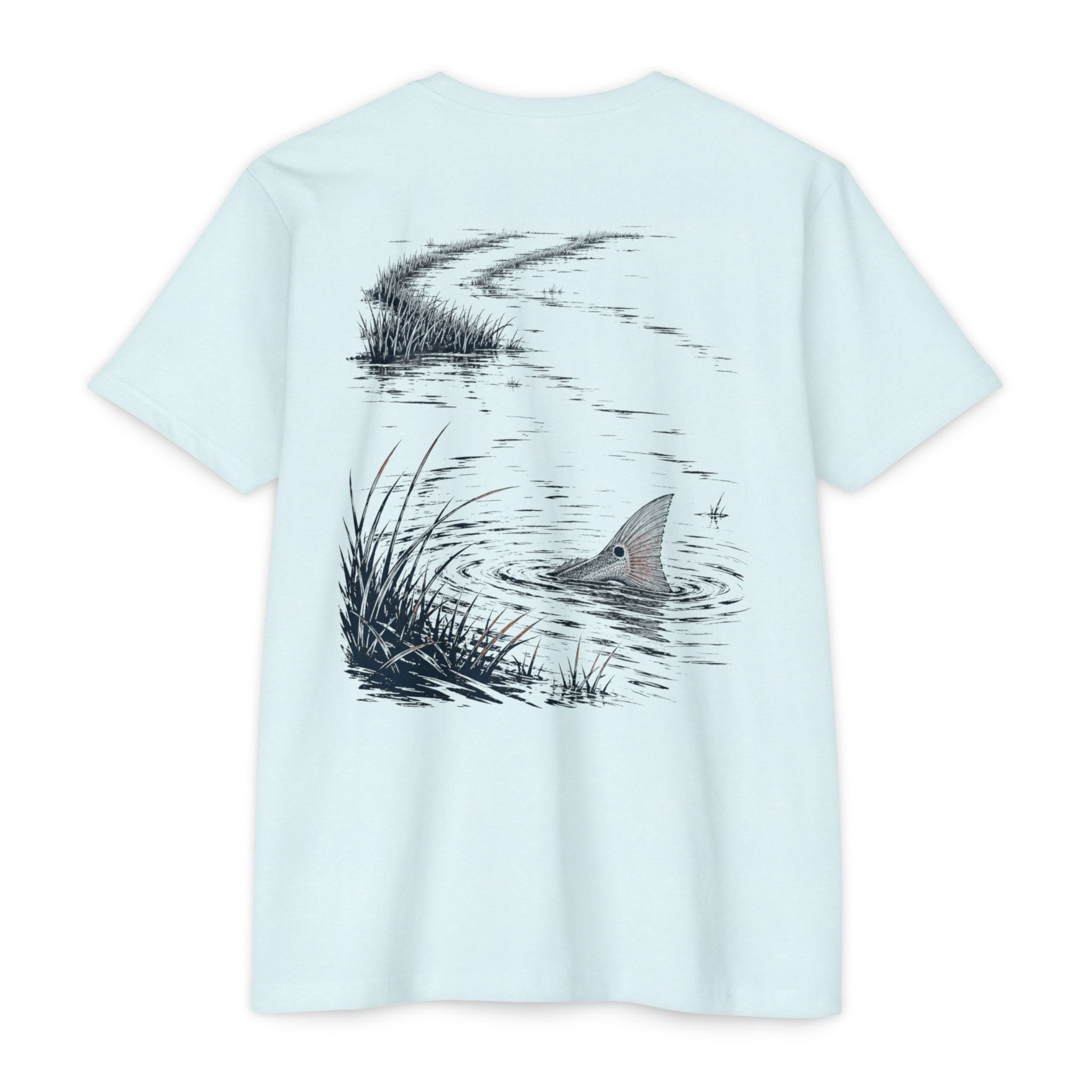 Ice blue South Texas Tailing Redfish fishing shirt featuring a red drum tail breaking the surface in a Laguna Madre marsh