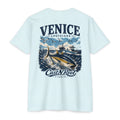 Ice blue Venice Louisiana fishing shirt featuring yellowfin tuna, offshore boats, Gulf oil platform, and ocean artwork