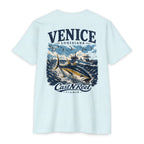 Ice blue Venice Louisiana fishing shirt featuring yellowfin tuna, offshore boats, Gulf oil platform, and ocean artwork
