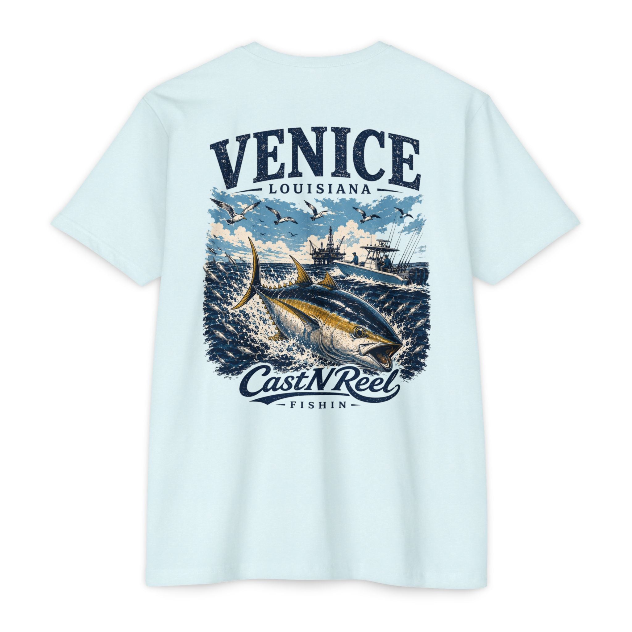 Ice blue Venice Louisiana fishing shirt featuring yellowfin tuna, offshore boats, Gulf oil platform, and ocean artwork