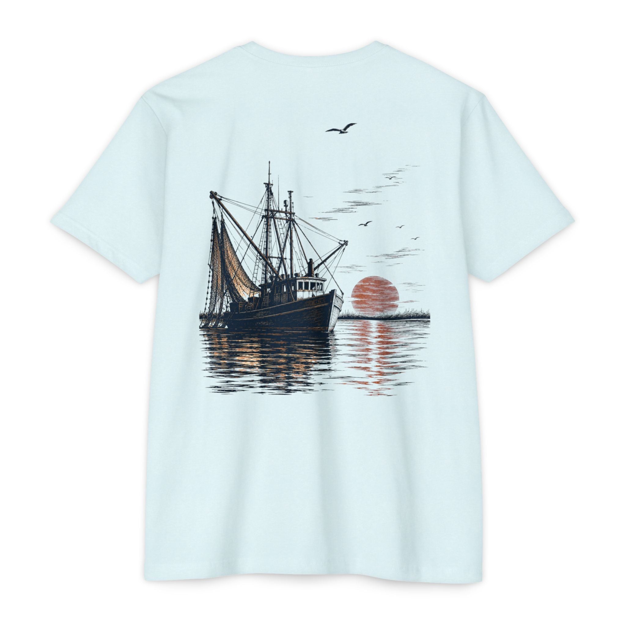Ice blue vintage shrimp boat sunset fishing shirt featuring a Gulf Coast shrimp trawler on calm coastal waters at sunset