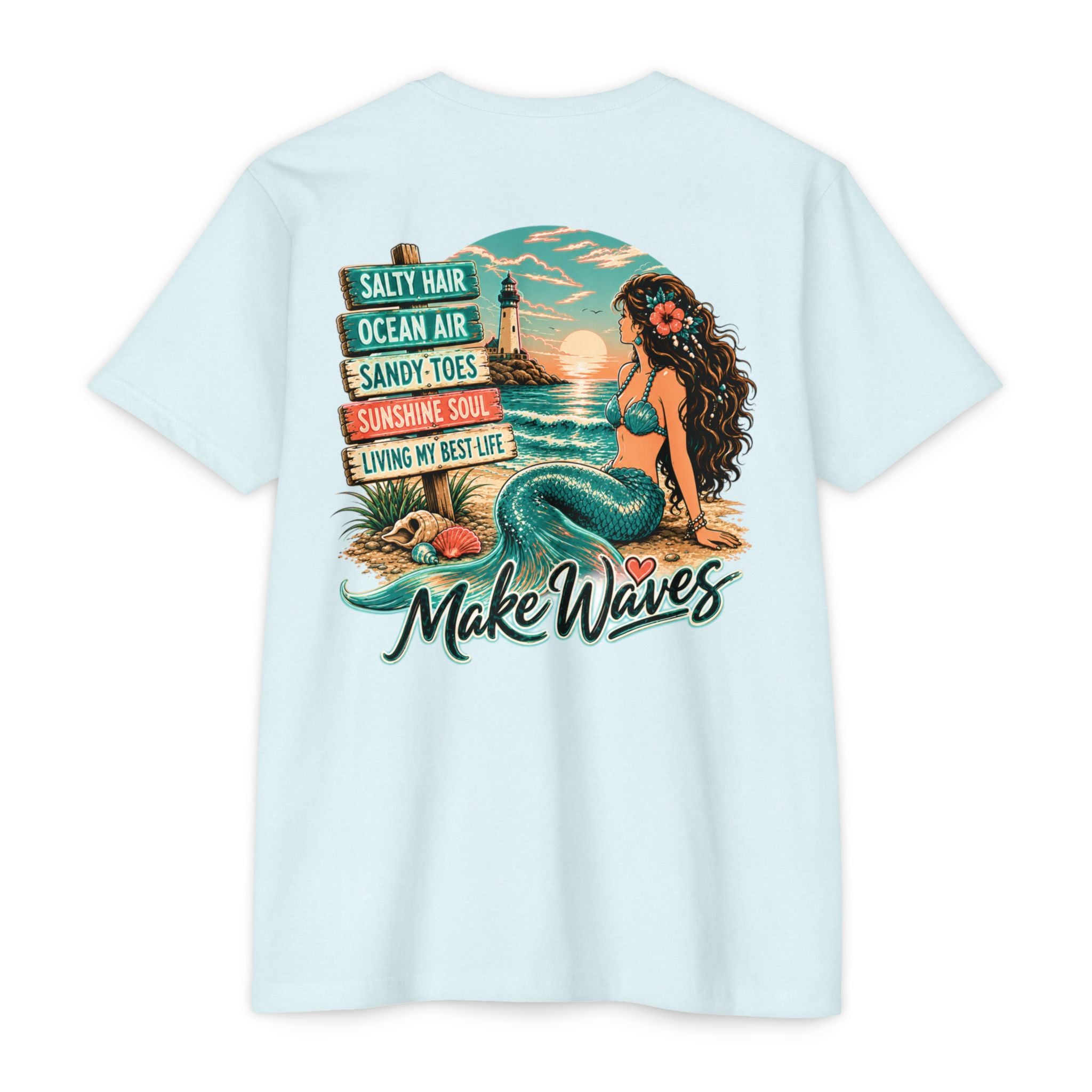 Ice Blue Make Waves Mermaid Shirt back with mermaid beach lighthouse graphic