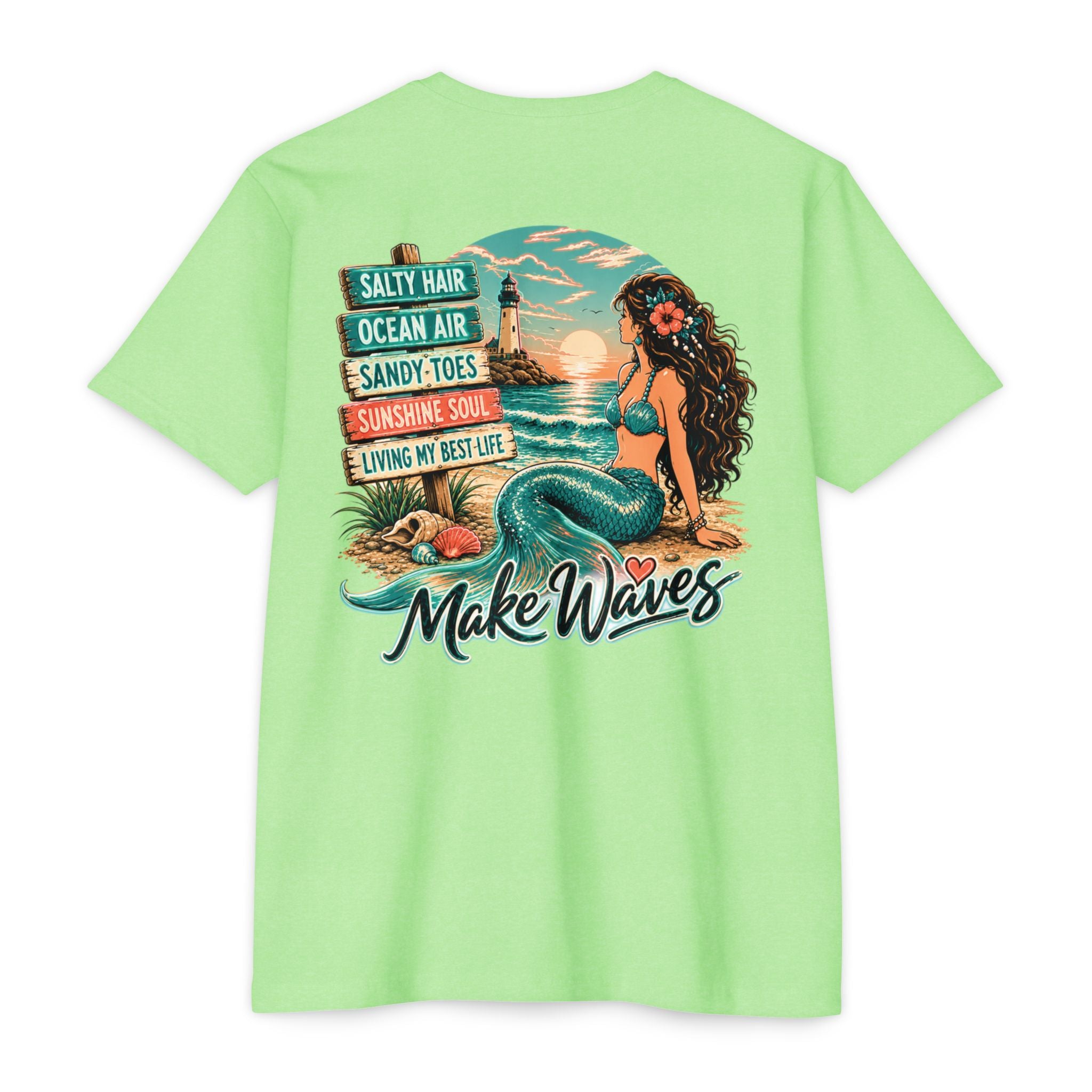 Neon Green Make Waves Mermaid Shirt back with mermaid beach lighthouse graphic