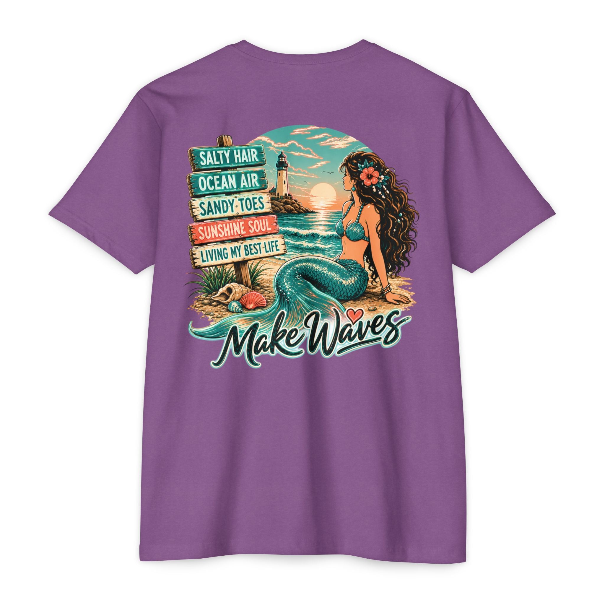 Purple Rush Make Waves Mermaid Shirt back with mermaid beach lighthouse graphic