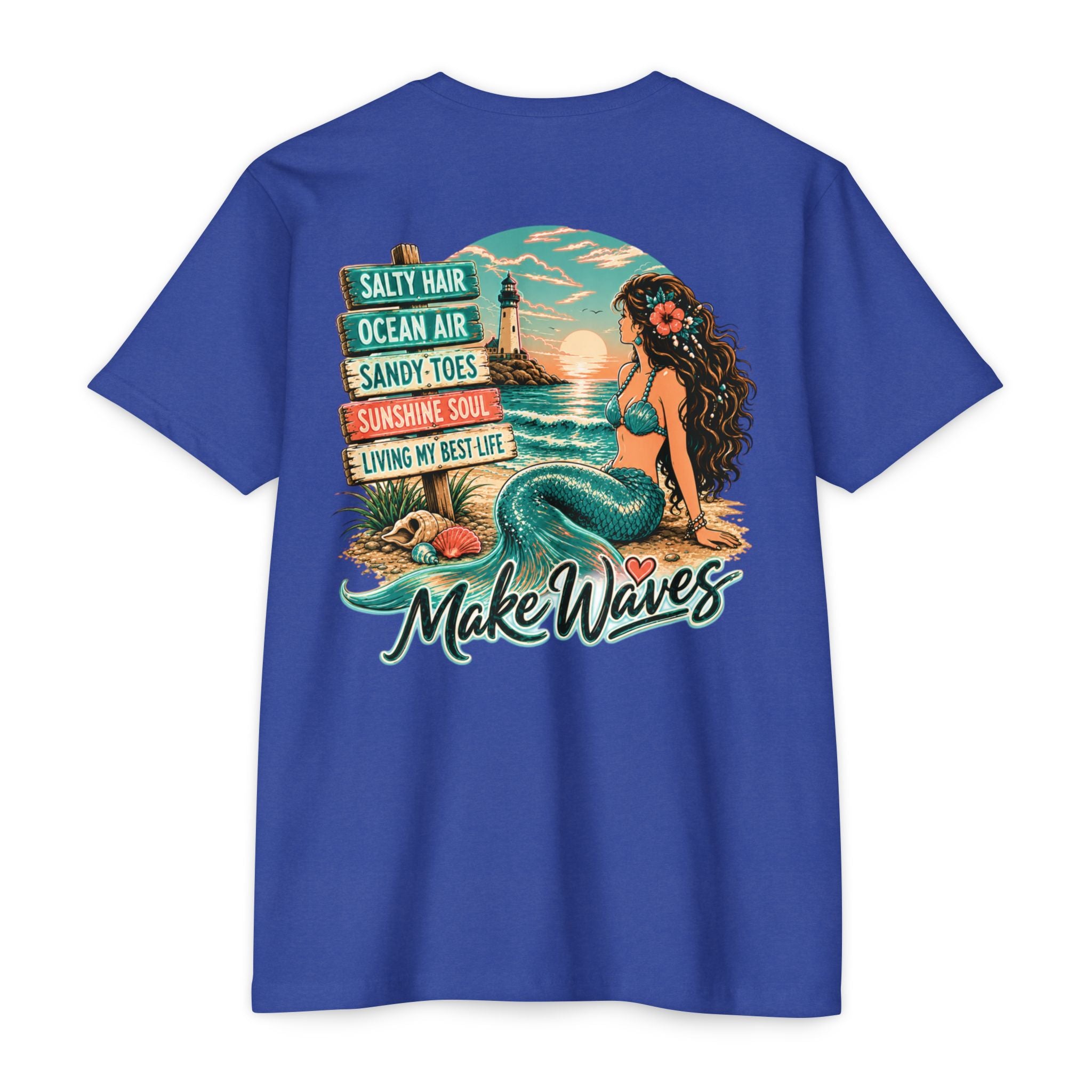 Royal Make Waves Mermaid Shirt back with mermaid beach lighthouse graphic