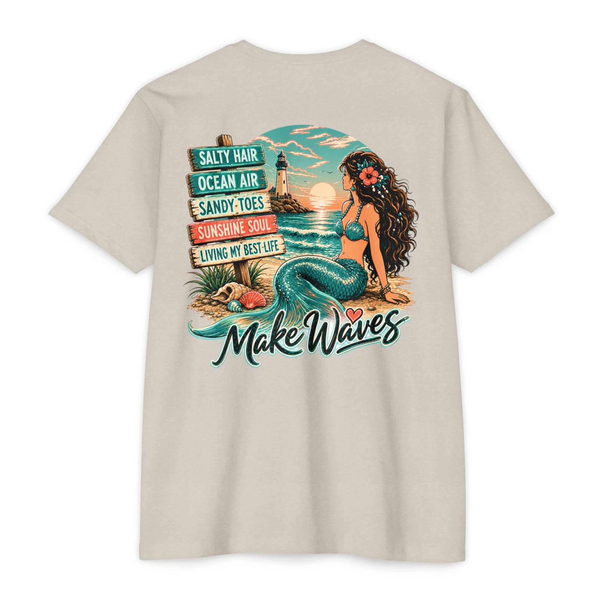 Sand Make Waves Mermaid Shirt back with mermaid beach lighthouse graphic