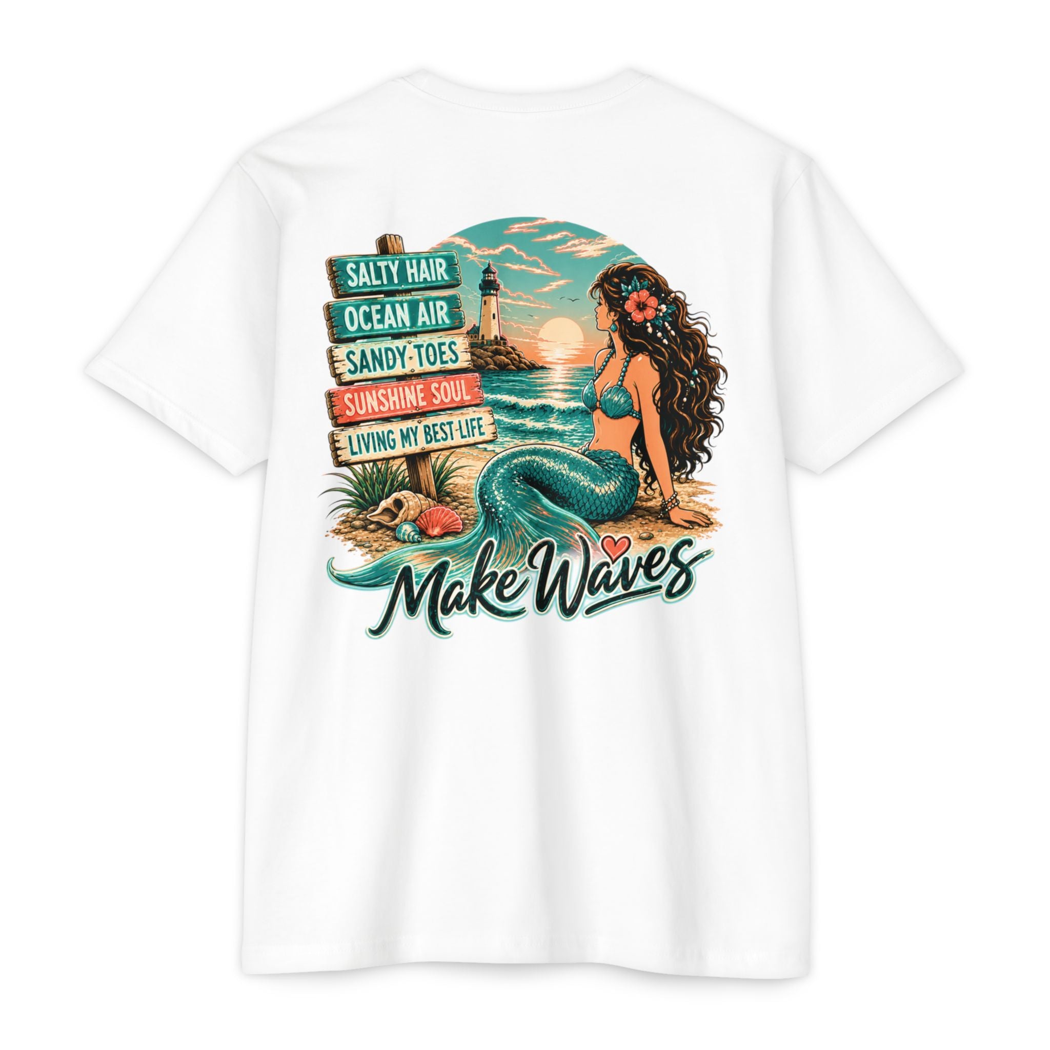 White Make Waves Mermaid Shirt back with mermaid beach lighthouse graphic