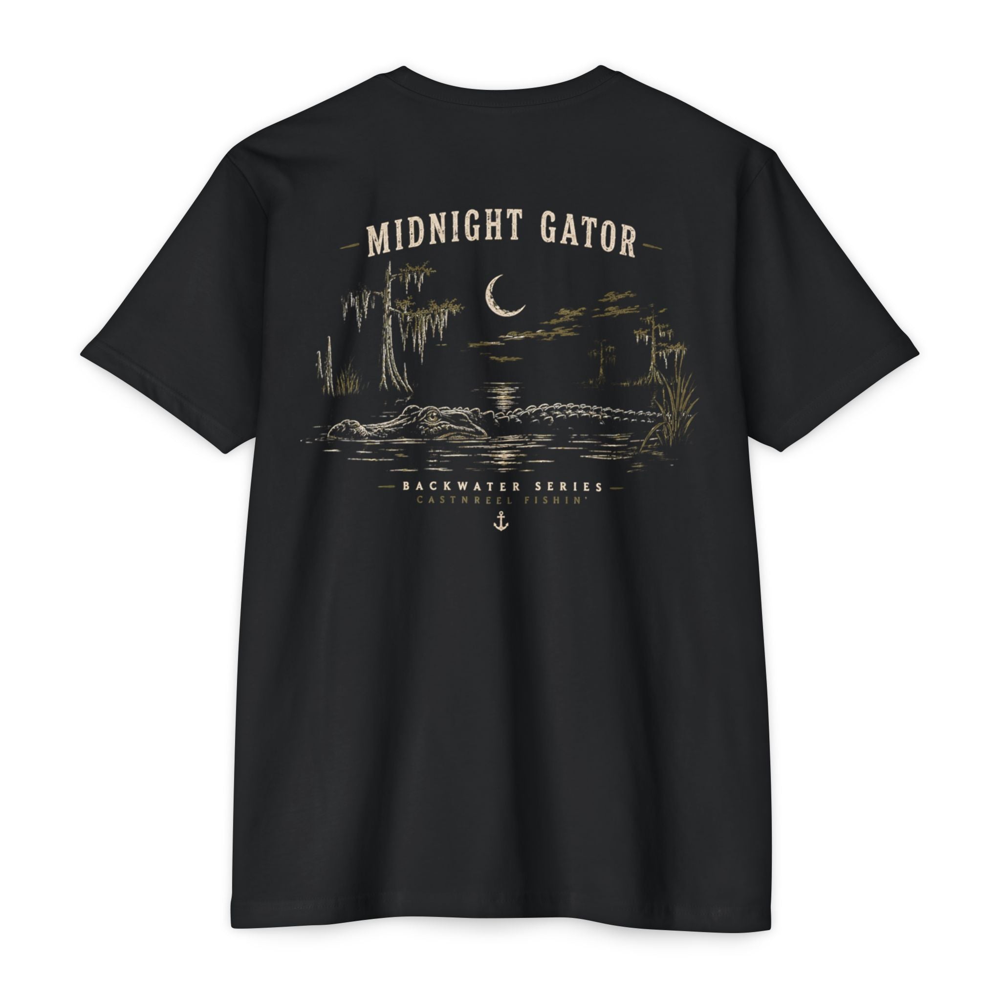 Black Midnight Gator Shirt back featuring an alligator in a moonlit swamp scene