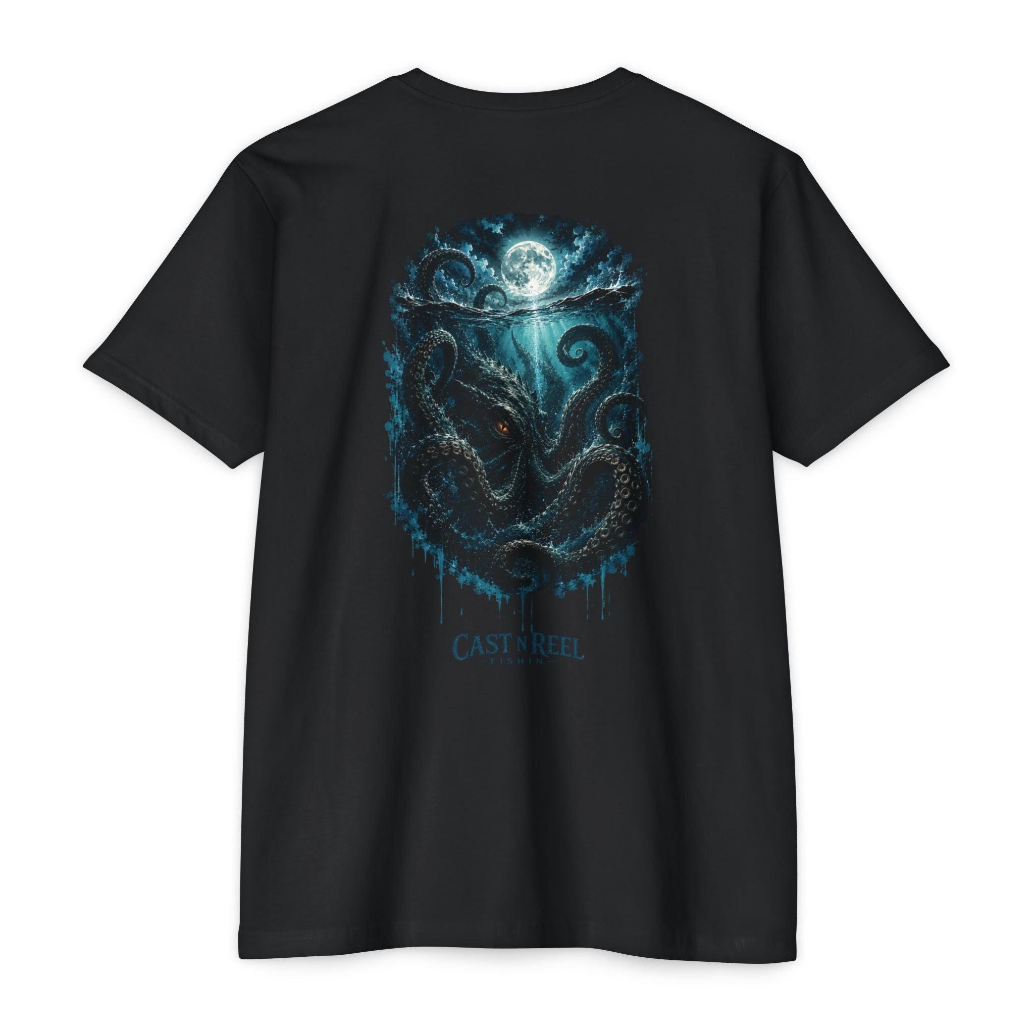 Black Midnight Kraken Shirt back with dark kraken octopus ocean graphic under moonlight