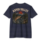 Midnight navy Aspen Valley Colorado fishing shirt featuring mountain trout, alpine river, fly fisherman, and Rocky Mountain scenery