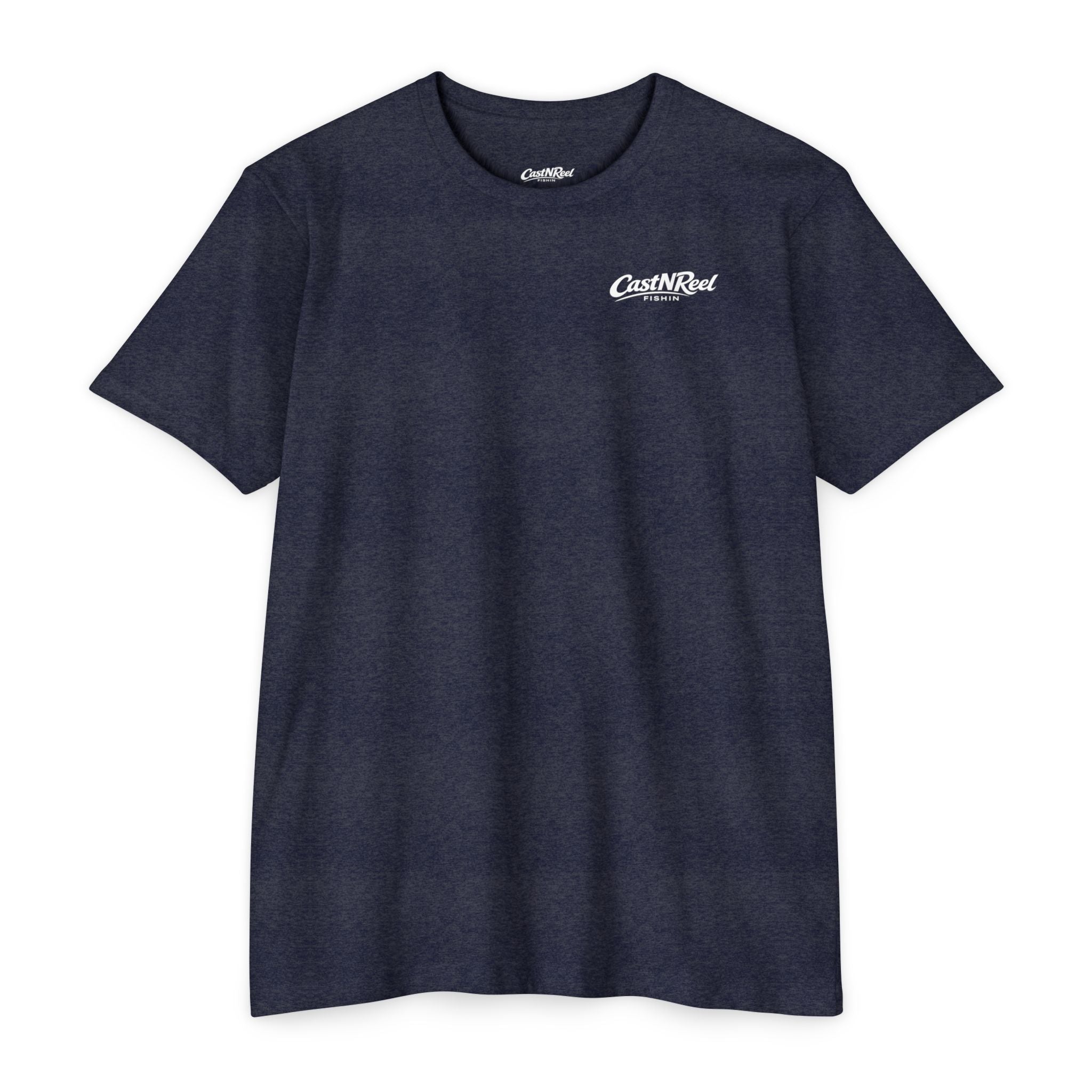 Front of midnight navy CastNReel Fishin shirt with minimalist chest logo