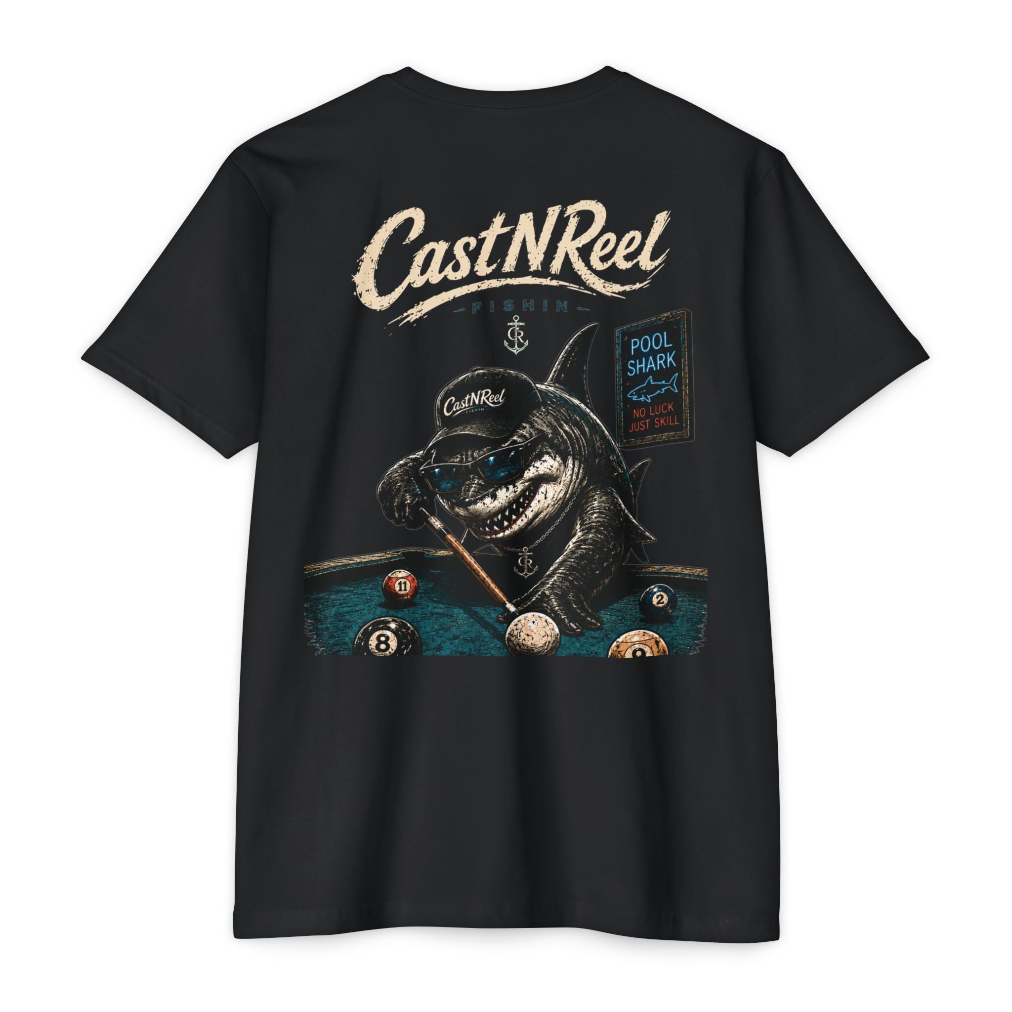 Black Pool Shark Shirt back with shark playing billiards and vintage pool hall graphic