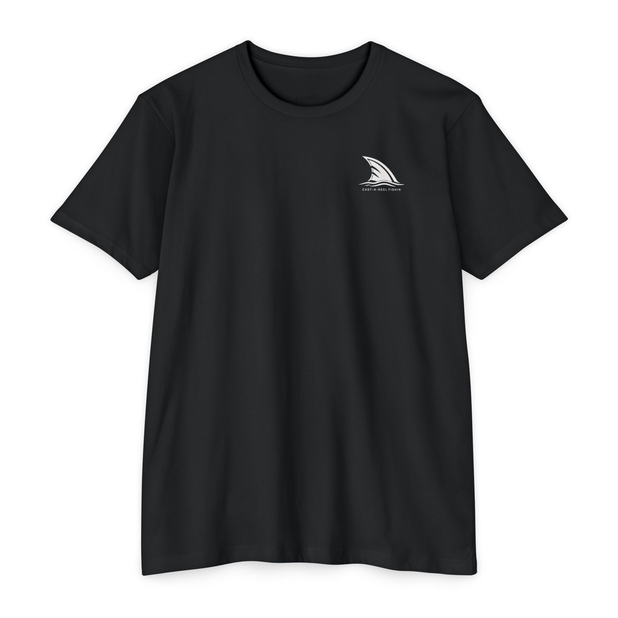 Black Pool Shark Shirt front with CastNReel Fishin shark fin chest logo