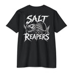 Black Salt Reapers Skeleton Fish Shirt back with skeleton fish and lure graphic