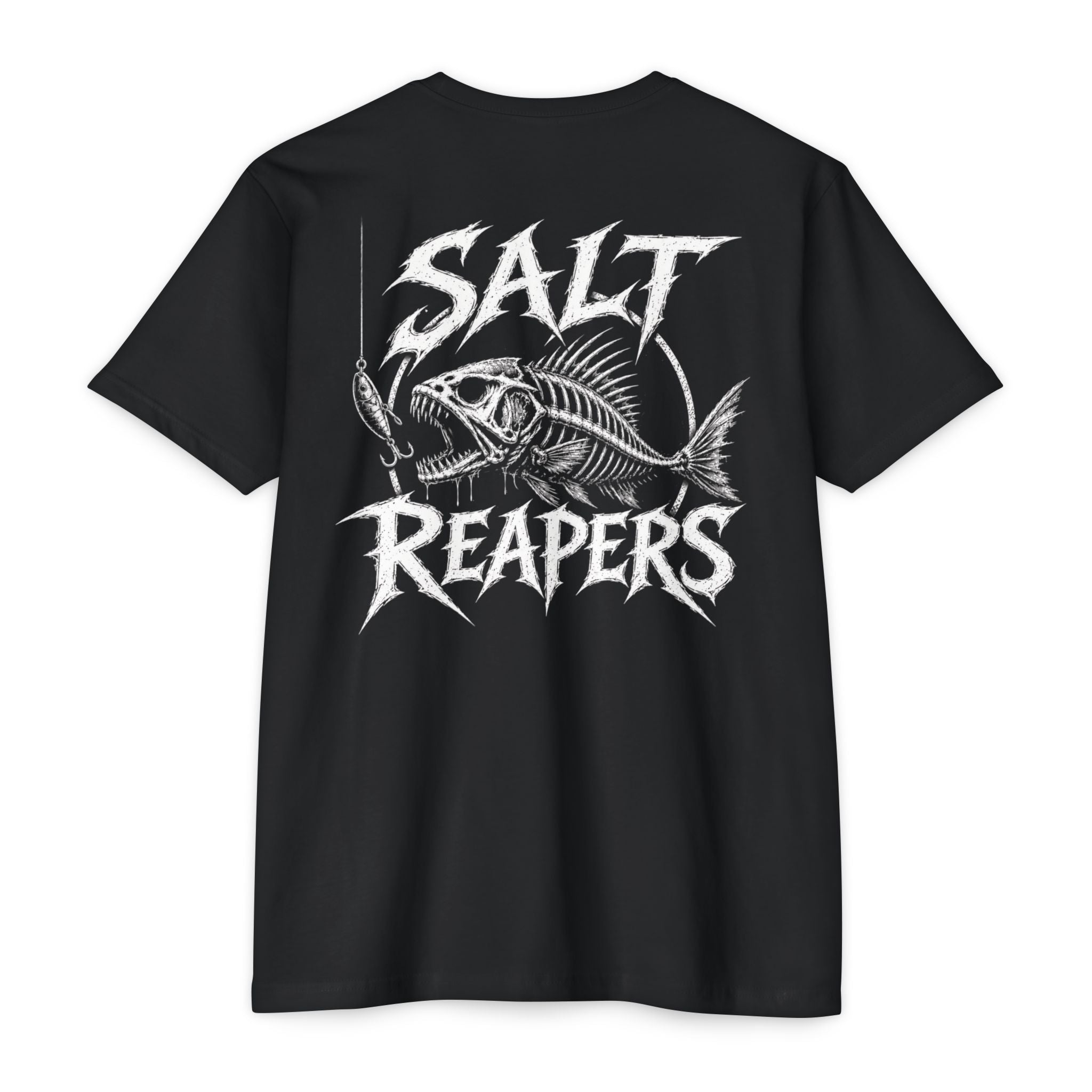 Black Salt Reapers Skeleton Fish Shirt back with skeleton fish and lure graphic