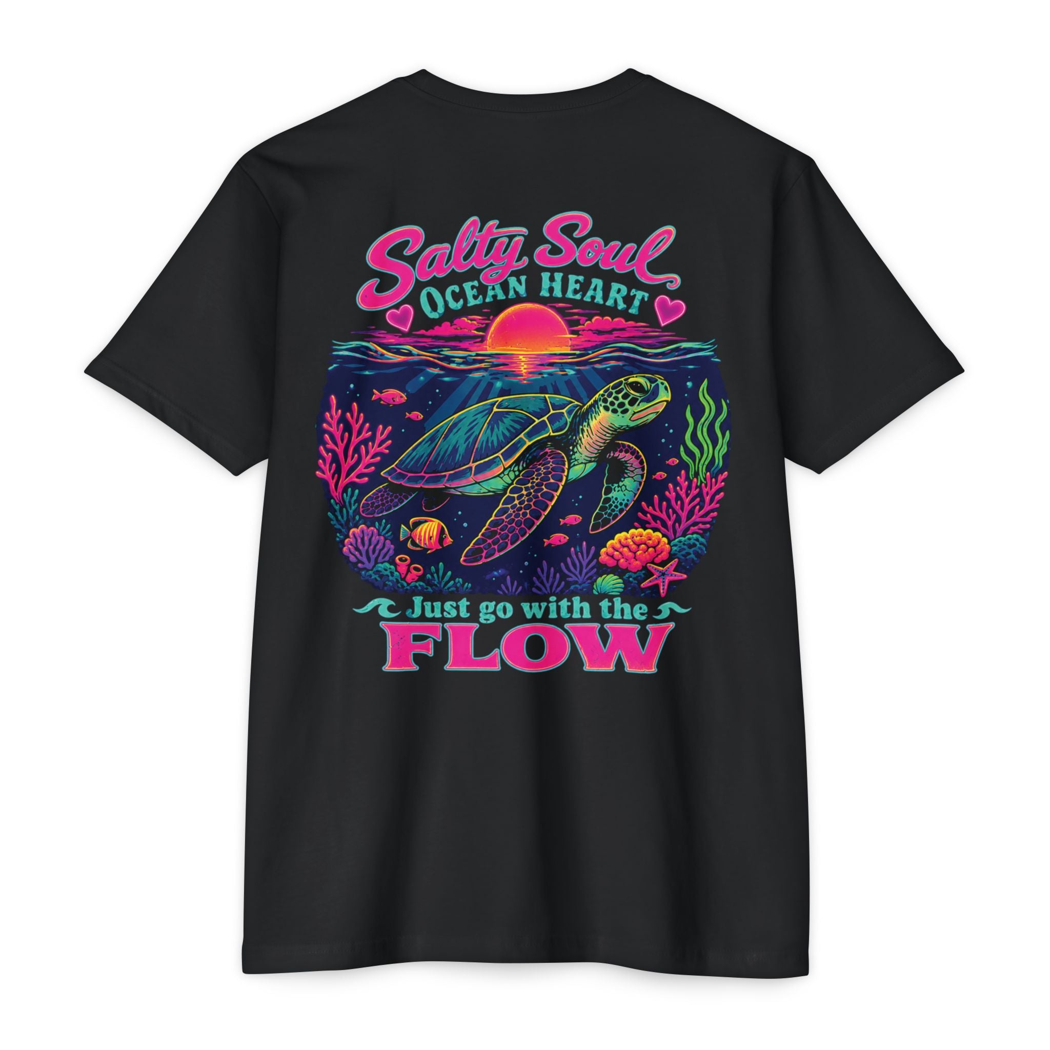 Black Salty Soul Ocean Heart Shirt back with colorful sea turtle beach graphic