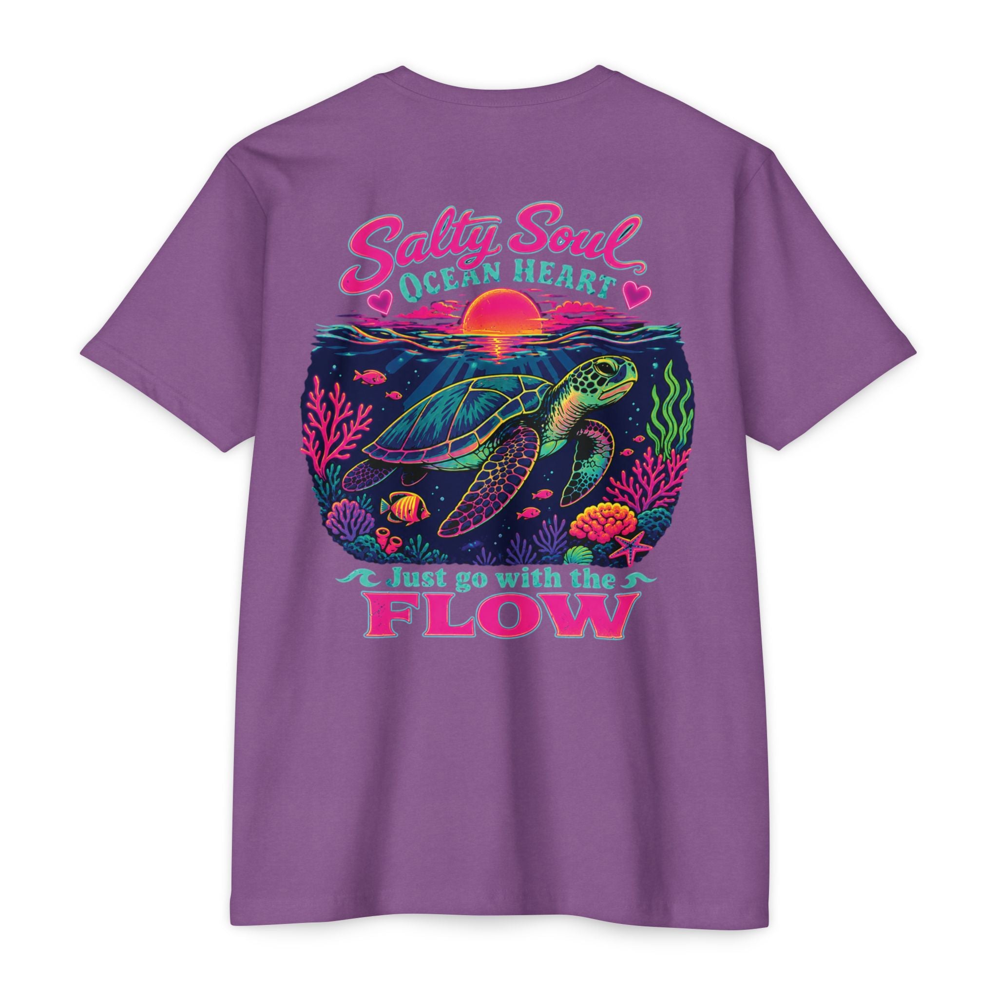 Purple Rush Salty Soul Ocean Heart Shirt back with colorful sea turtle beach graphic