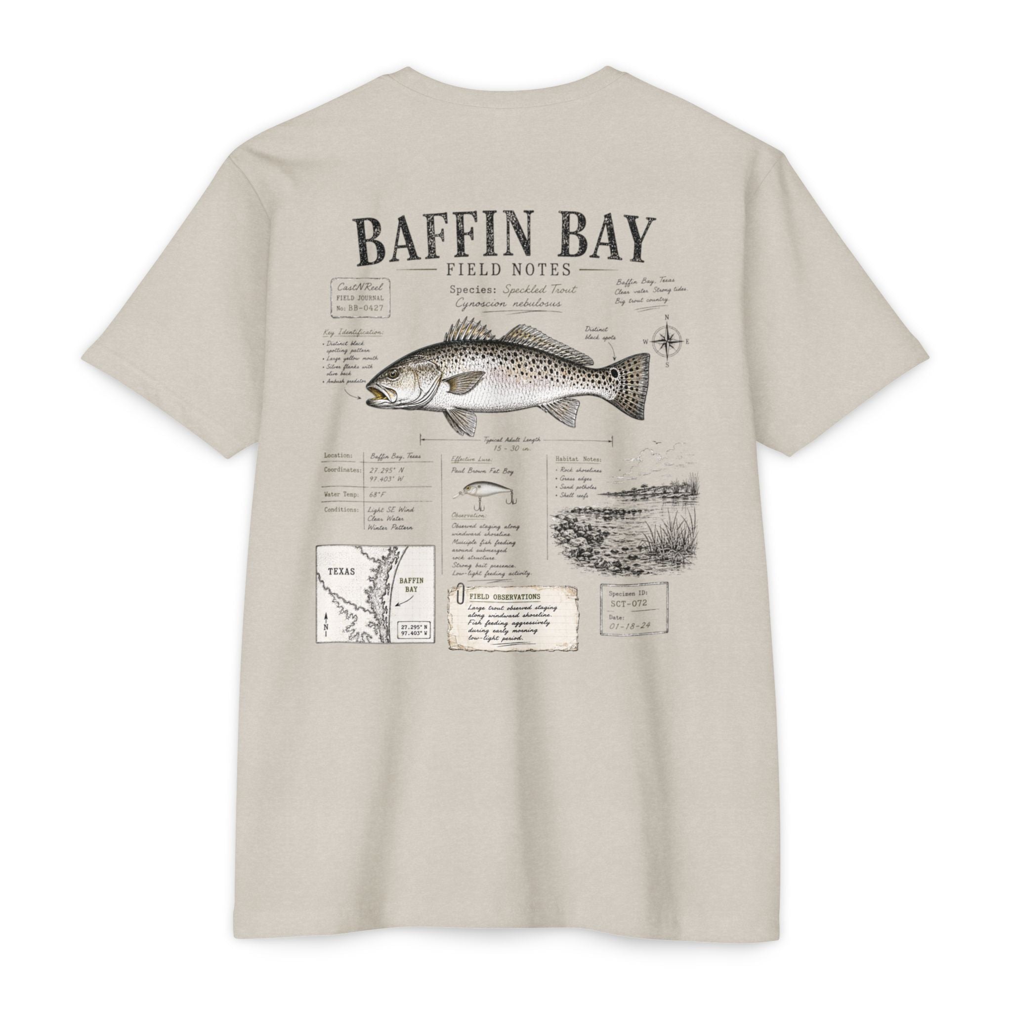 Sand Baffin Bay Field Notes fishing shirt featuring Speckled Trout illustration, habitat observations, species notes, and South Texas fishing journal artwork