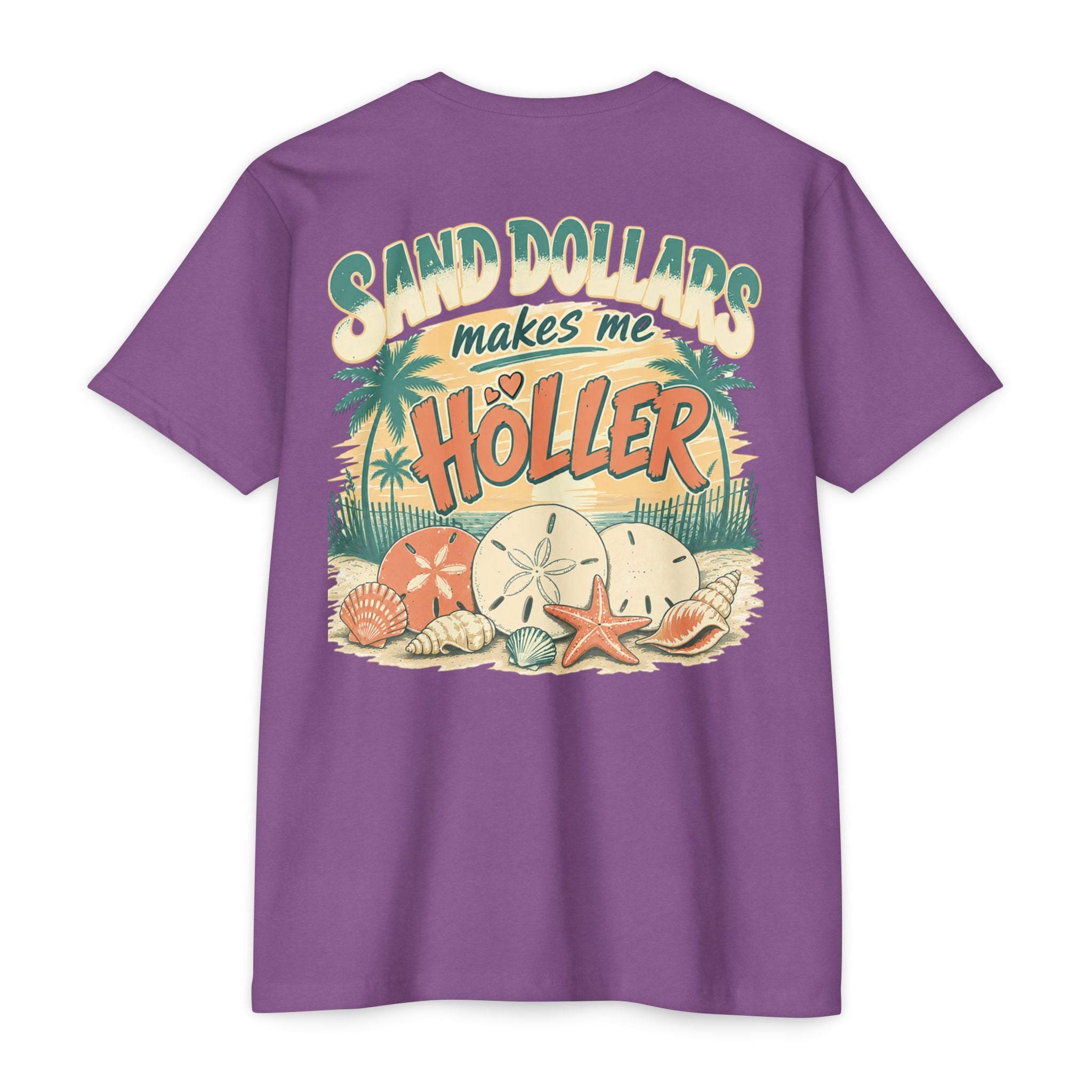 Purple Rush Sand Dollars Makes Me Holler Shirt back with beach sand dollar graphic