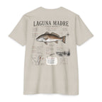Sand Laguna Madre Field Notes fishing shirt featuring Red Drum illustration, species observations, habitat notes, and South Texas fishing journal artwork