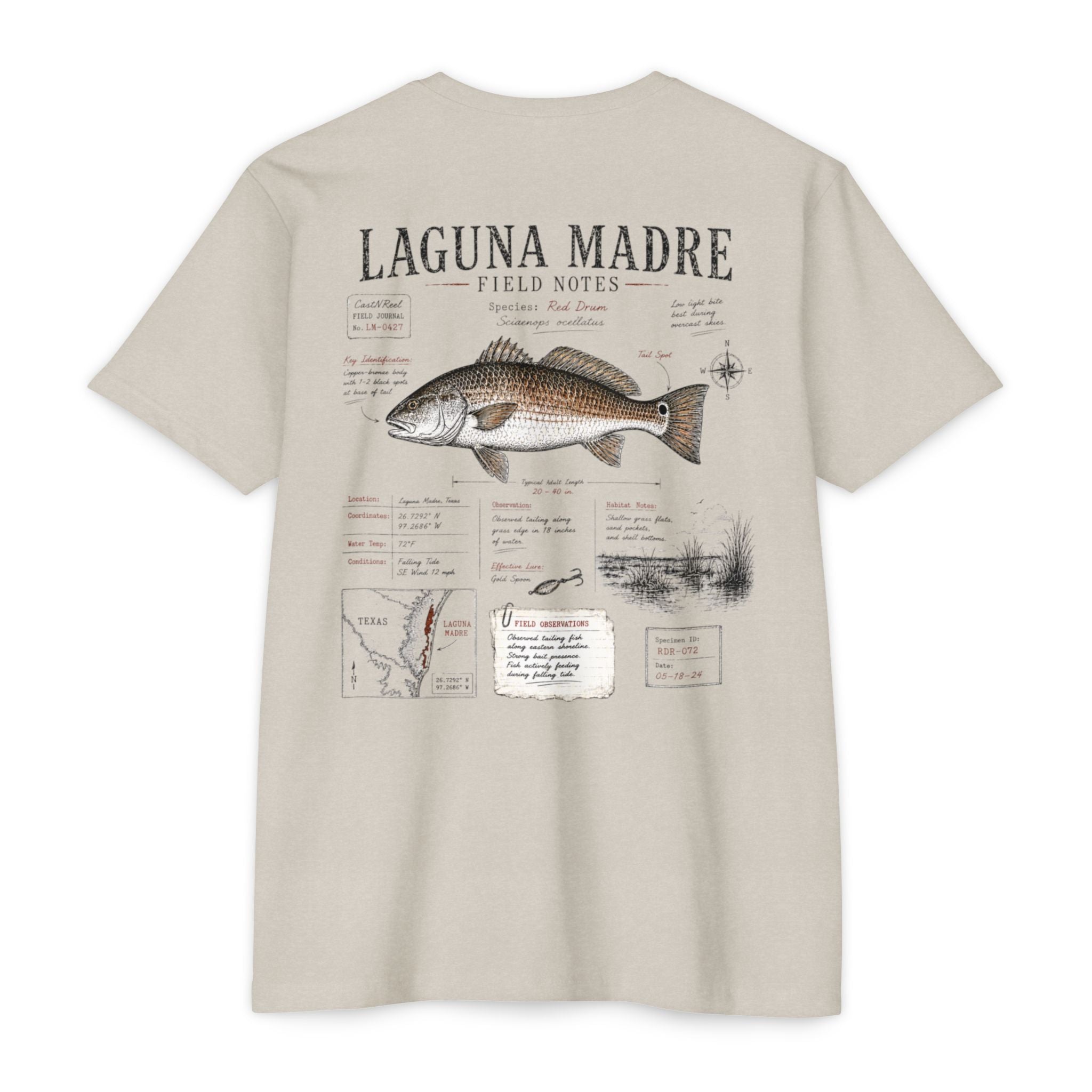 Sand Laguna Madre Field Notes fishing shirt featuring Red Drum illustration, species observations, habitat notes, and South Texas fishing journal artwork