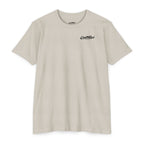 Front of sand CastNReel Fishin shirt with minimalist chest logo