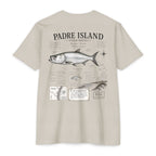 Sand Padre Island Field Notes fishing shirt featuring a detailed Tarpon illustration, species notes, habitat observations, and Texas coastal fishing journal artwork