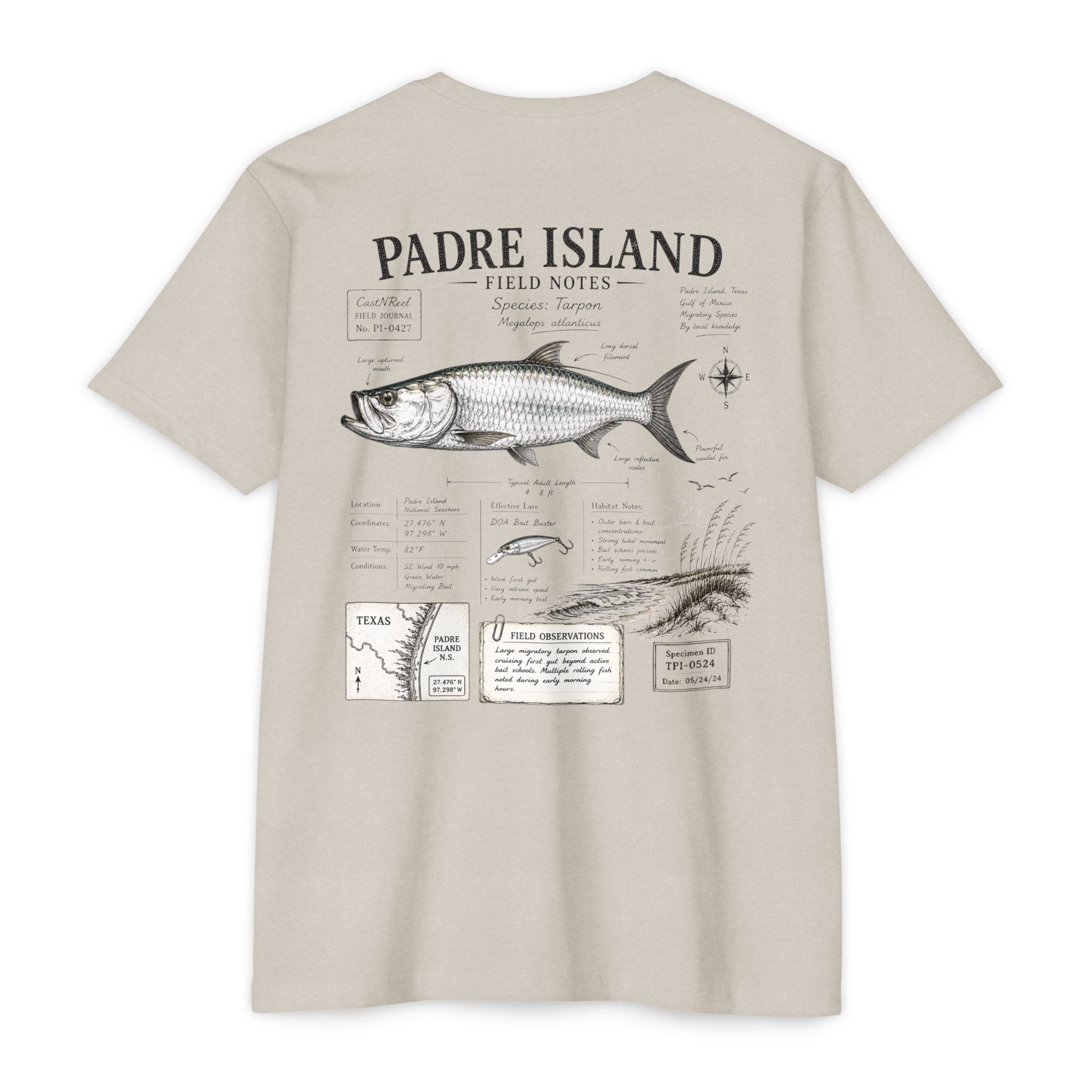 Sand Padre Island Field Notes fishing shirt featuring a detailed Tarpon illustration, species notes, habitat observations, and Texas coastal fishing journal artwork