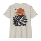 Sand Port Aransas Jetty Sunset fishing shirt featuring crashing Gulf waves, granite jetties, seabirds, and a coastal sunset